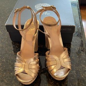 Vince Camuto Demarcus gold sandal with cork heel